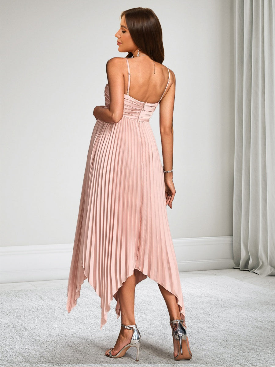 A-Line/Princess Spaghetti Straps Tea-Length Asymmetrical Pleated Satin Baby Shower Wedding Guest Dresses