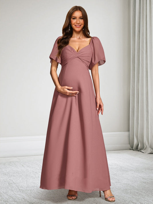 A-Line/Princess V-Neck Ankle-Length Short Sleeves Chiffon Baby Shower Wedding Guest Dresses with Bowknot