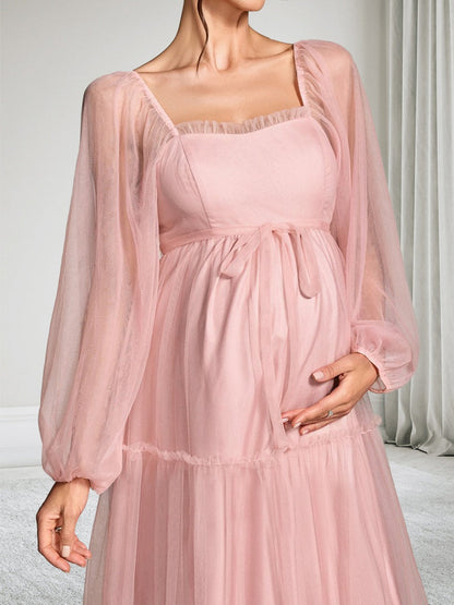 A-Line/Princess Square Neck Ankle-Length Long Sleeves Tulle Baby Shower Wedding Guest Dresses with Bowknot