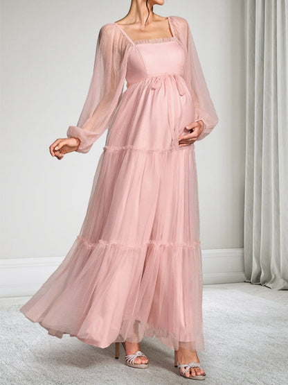 A-Line/Princess Square Neck Ankle-Length Long Sleeves Tulle Baby Shower Wedding Guest Dresses with Bowknot