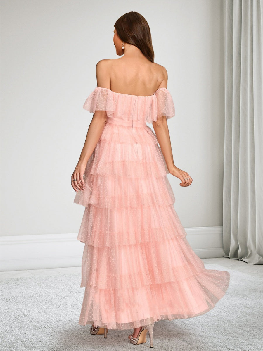 A-Line/Princess Off-the-Shoulder Ankle-Length Tulle Baby Shower Wedding Guest Dresses with Tiered Ruffles