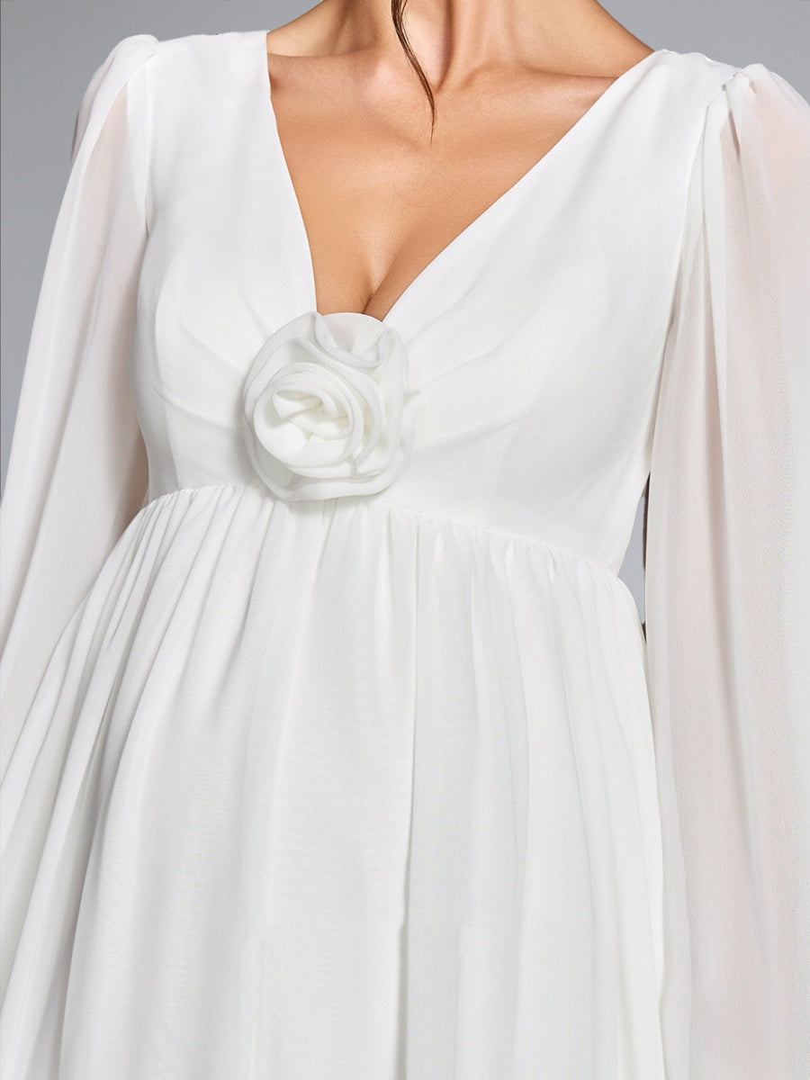 A-Line/Princess V-Neck Long Sleeves Floor-Length Chiffon Baby Shower Wedding Guest Dresses with 3D Floral