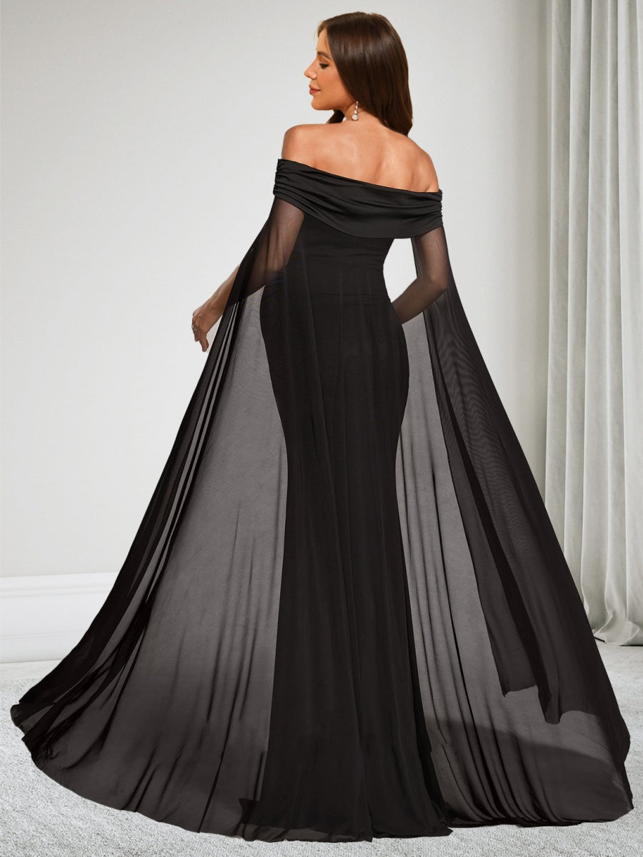 Trumpet/Mermaid Off-the-Shoulder Floor-Length Chiffon Baby Shower Wedding Guest Dresses with Cape