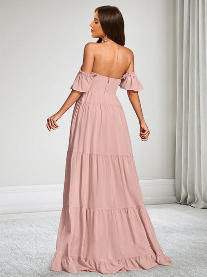 A-Line/Princess Off-the-Shoulder Short Sleeves Chiffon Floor-Length Baby Shower Wedding Guest Dresses with Ruffles