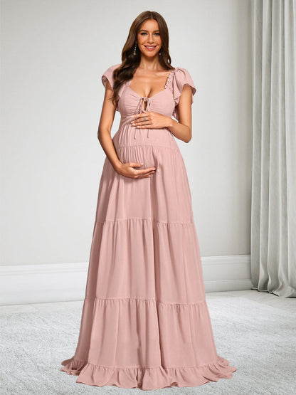 A-Line/Princess Off-the-Shoulder Short Sleeves Chiffon Floor-Length Baby Shower Wedding Guest Dresses with Ruffles