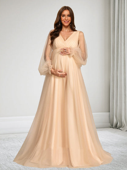 A-Line/Princess V-Neck Long Sleeves Tulle Floor-Length Baby Shower Wedding Guest Dresses with Ruched