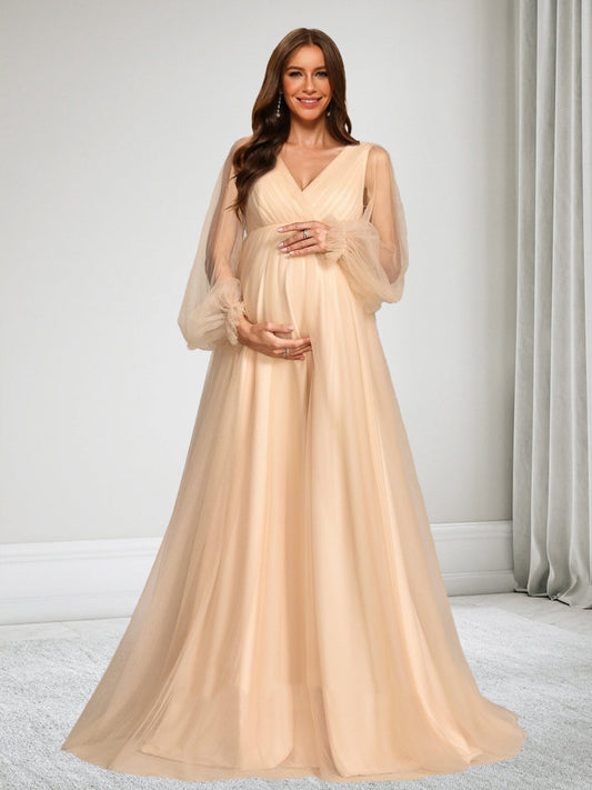 A-Line/Princess V-Neck Long Sleeves Tulle Floor-Length Baby Shower Wedding Guest Dresses with Ruched
