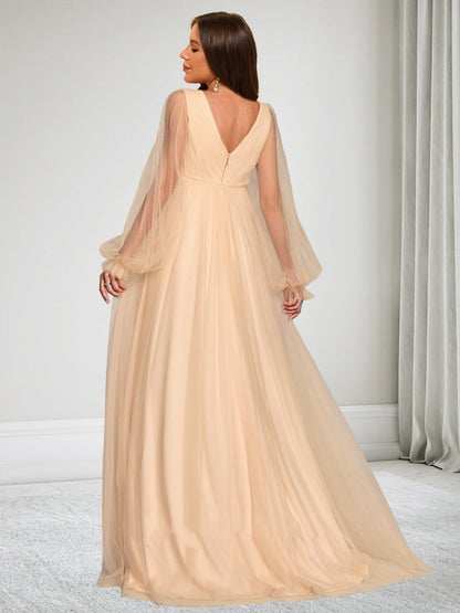 A-Line/Princess V-Neck Long Sleeves Tulle Floor-Length Baby Shower Wedding Guest Dresses with Ruched