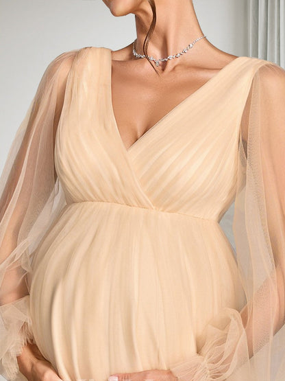 A-Line/Princess V-Neck Long Sleeves Tulle Floor-Length Baby Shower Wedding Guest Dresses with Ruched