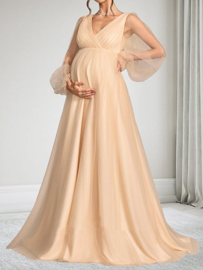 A-Line/Princess V-Neck Long Sleeves Tulle Floor-Length Baby Shower Wedding Guest Dresses with Ruched