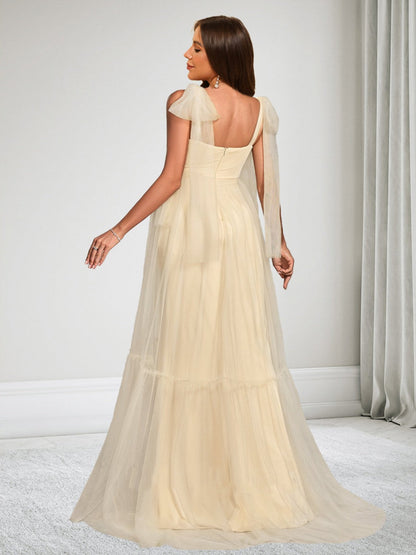 A-Line/Princess Sleeveless Tulle Floor-Length Baby Shower Wedding Guest Dresses with Bowknot