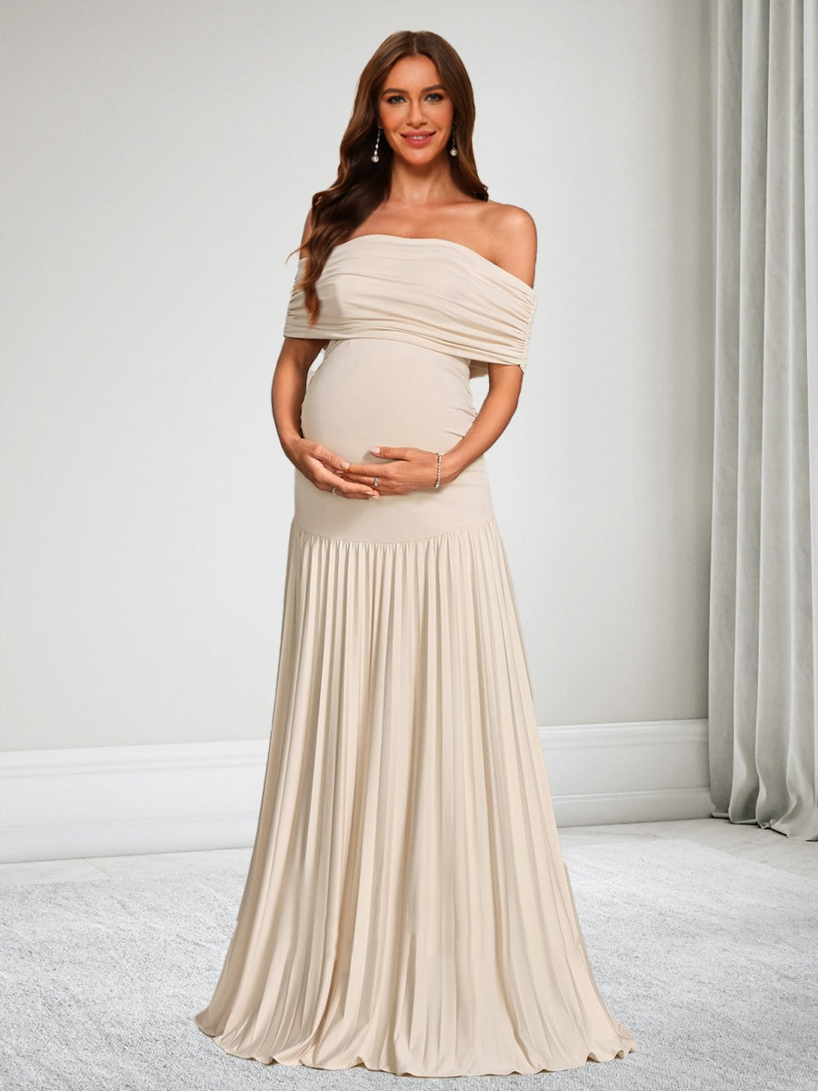 Sheath/Cloumn Off-the-Shoulder Sleeveless Floor-Length Baby Shower Wedding Guest Dresses with Pleated