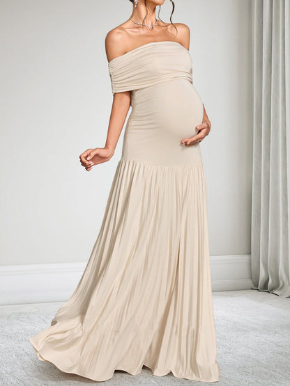 Sheath/Cloumn Off-the-Shoulder Sleeveless Floor-Length Baby Shower Wedding Guest Dresses with Pleated