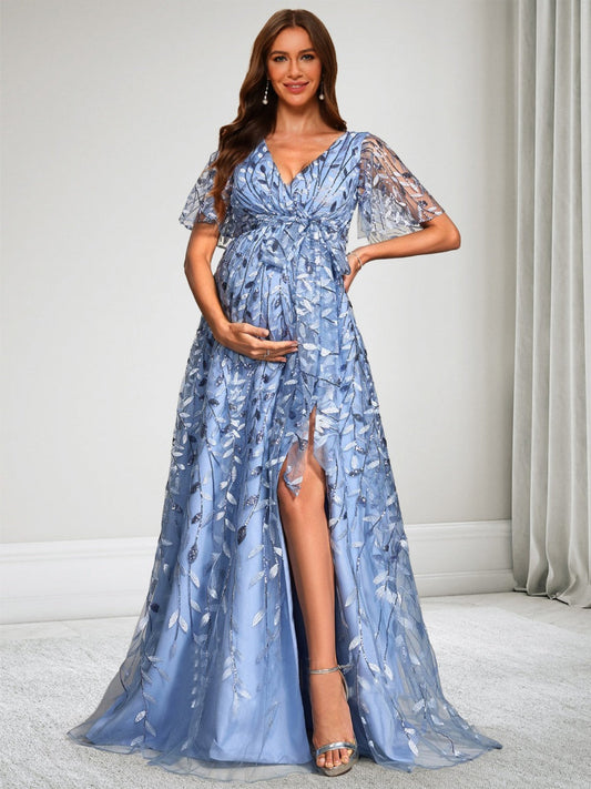 A-Line/Princess V-Neck Short Sleeves Lace Floor-Length Baby Shower Wedding Guest Dresses with Side Slit & Sequins