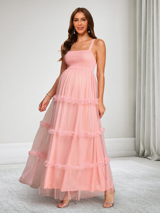 A-Line/Princess Square Neck Sleeveless Tulle Ankle-Length Baby Shower Wedding Guest Dresses with Ruffles