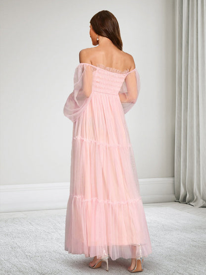A-Line/Princess Off-the-Shoulder Long Sleeves Tulle Ankle-Length Baby Shower Wedding Guest Dresses with Ruffles
