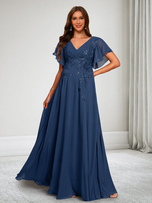 A-Line/Princess V-Neck Short Sleeves Chiffon Floor-Length Baby Shower Wedding Guest Dresses with Appliques