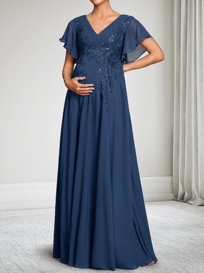 A-Line/Princess V-Neck Short Sleeves Chiffon Floor-Length Baby Shower Wedding Guest Dresses with Appliques