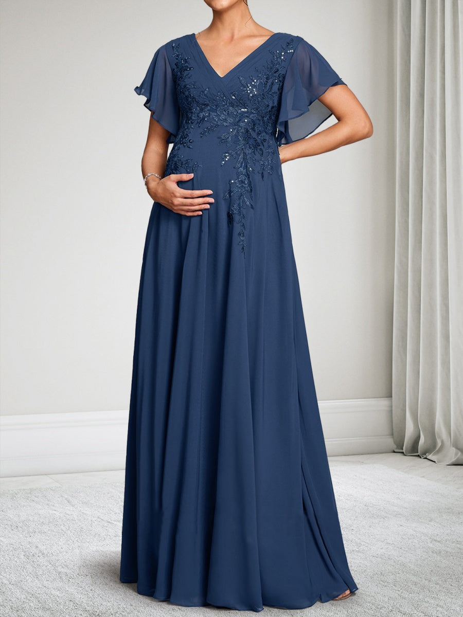 A-Line/Princess V-Neck Short Sleeves Chiffon Floor-Length Baby Shower Wedding Guest Dresses with Appliques