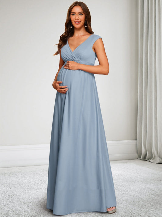A-Line/Princess V-Neck Chiffon Floor-Length Baby Shower Wedding Guest Dresses with Ruched