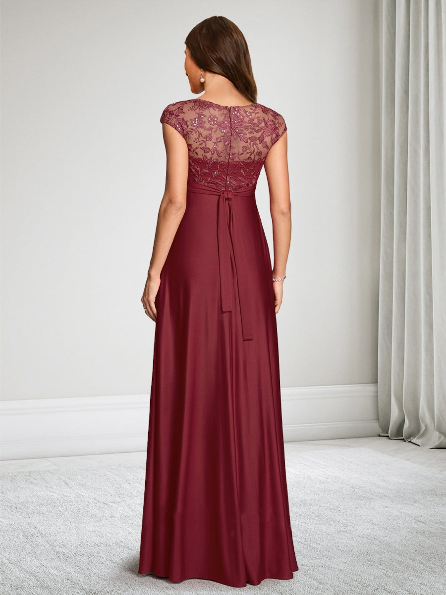 A-Line/Princess Boat Neck Cap Sleeves Floor-Length Baby Shower Wedding Guest Dresses with Lace