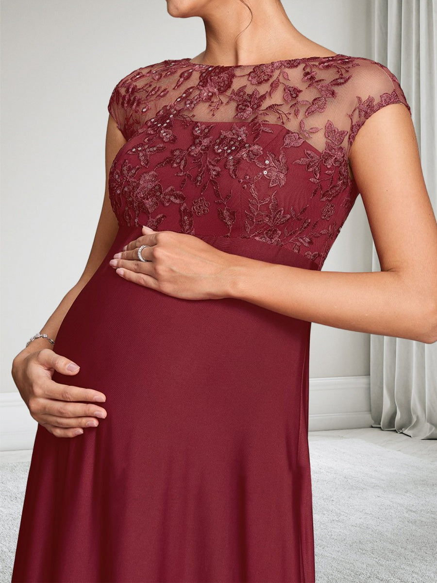 A-Line/Princess Boat Neck Cap Sleeves Floor-Length Baby Shower Wedding Guest Dresses with Lace