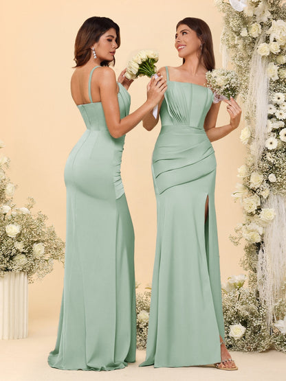Sheath/Column Spaghetti Straps Long Formal Dresses with Split Side & Ruched
