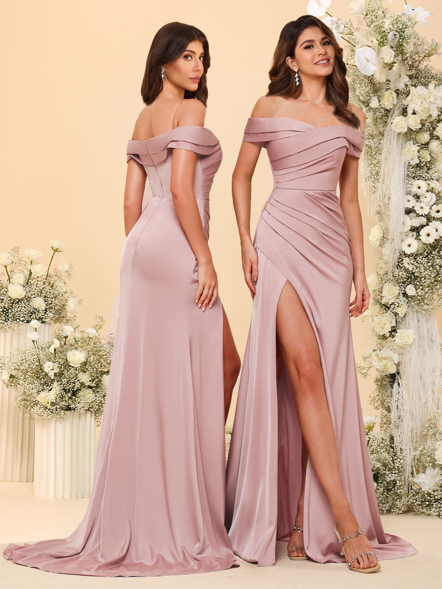 Sheath/Column Off-the-Shoulder Long Formal Dresses with Split Side & Ruched