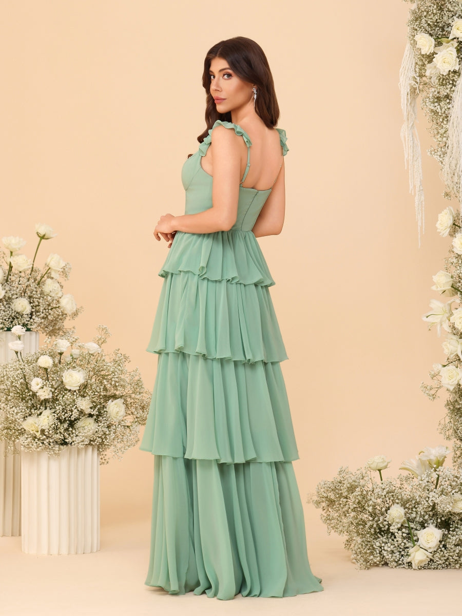 A-Line/Princess Scoop Sleeveless Floor-Length Bridesmaid Dresses With Ruffles & Side Slit