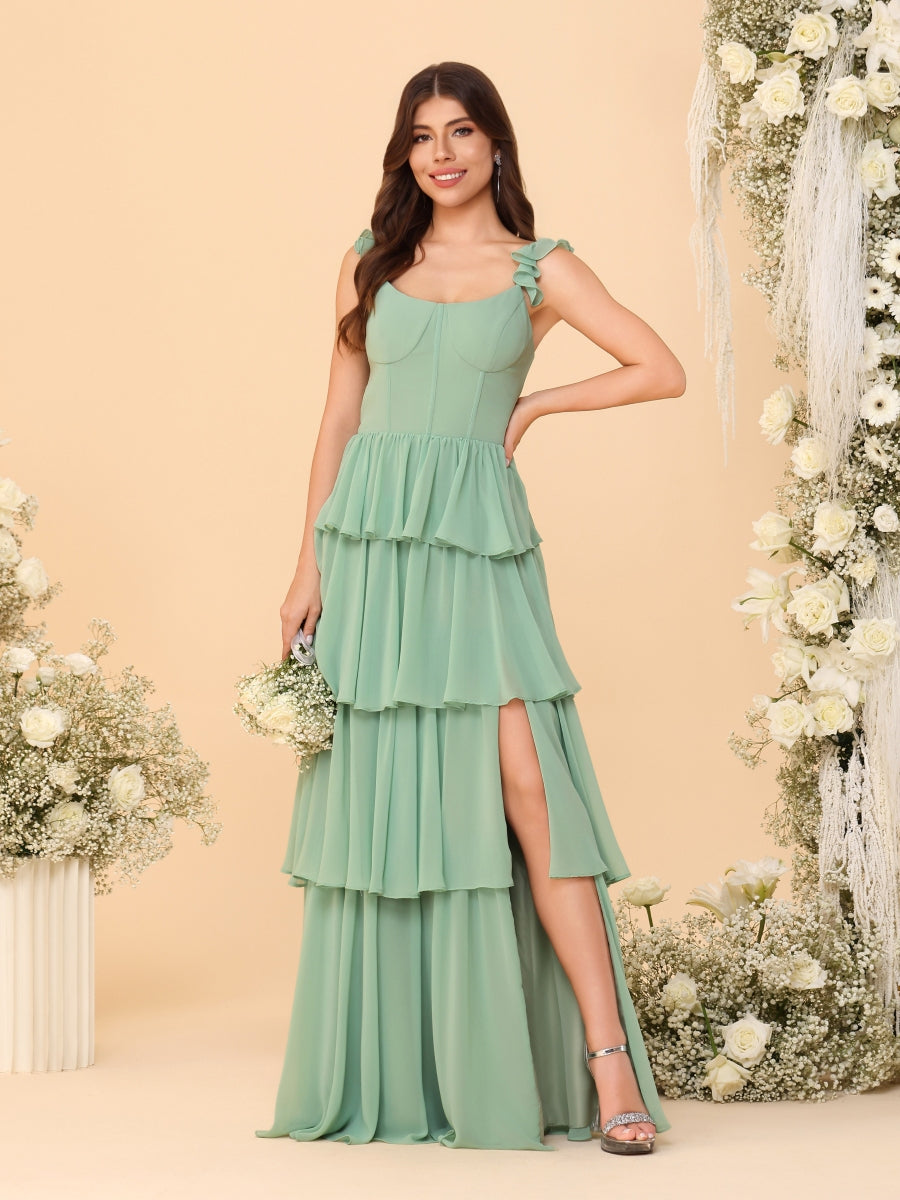 A-Line/Princess Scoop Sleeveless Floor-Length Bridesmaid Dresses With Ruffles & Side Slit