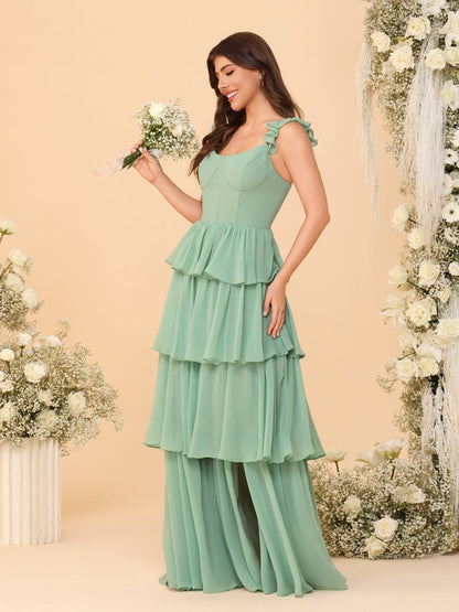 A-Line/Princess Scoop Sleeveless Floor-Length Bridesmaid Dresses With Ruffles & Side Slit