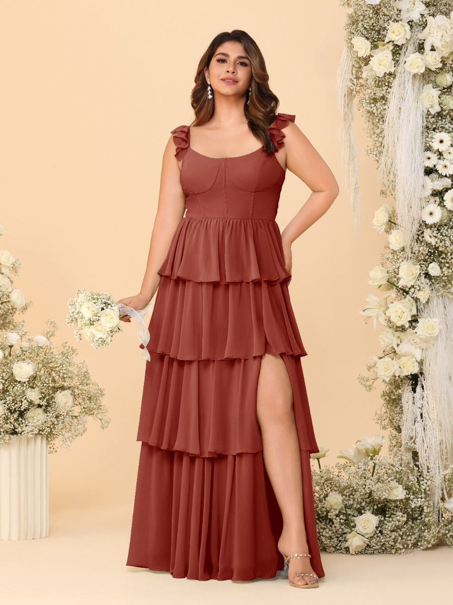 A-Line/Princess Scoop Sleeveless Floor-Length Bridesmaid Dresses With Ruffles & Side Slit