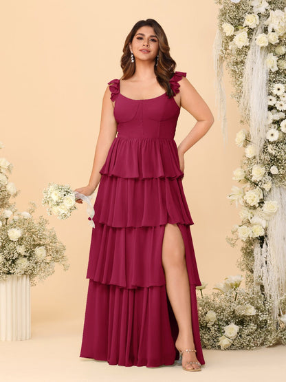 A-Line/Princess Scoop Sleeveless Floor-Length Bridesmaid Dresses With Ruffles & Side Slit