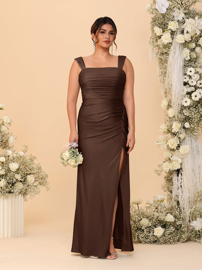 Sheath/Column Square Neck Sleeveless Floor-Length Ruched  Plus Size Bridesmaid Dresses With Side Slit