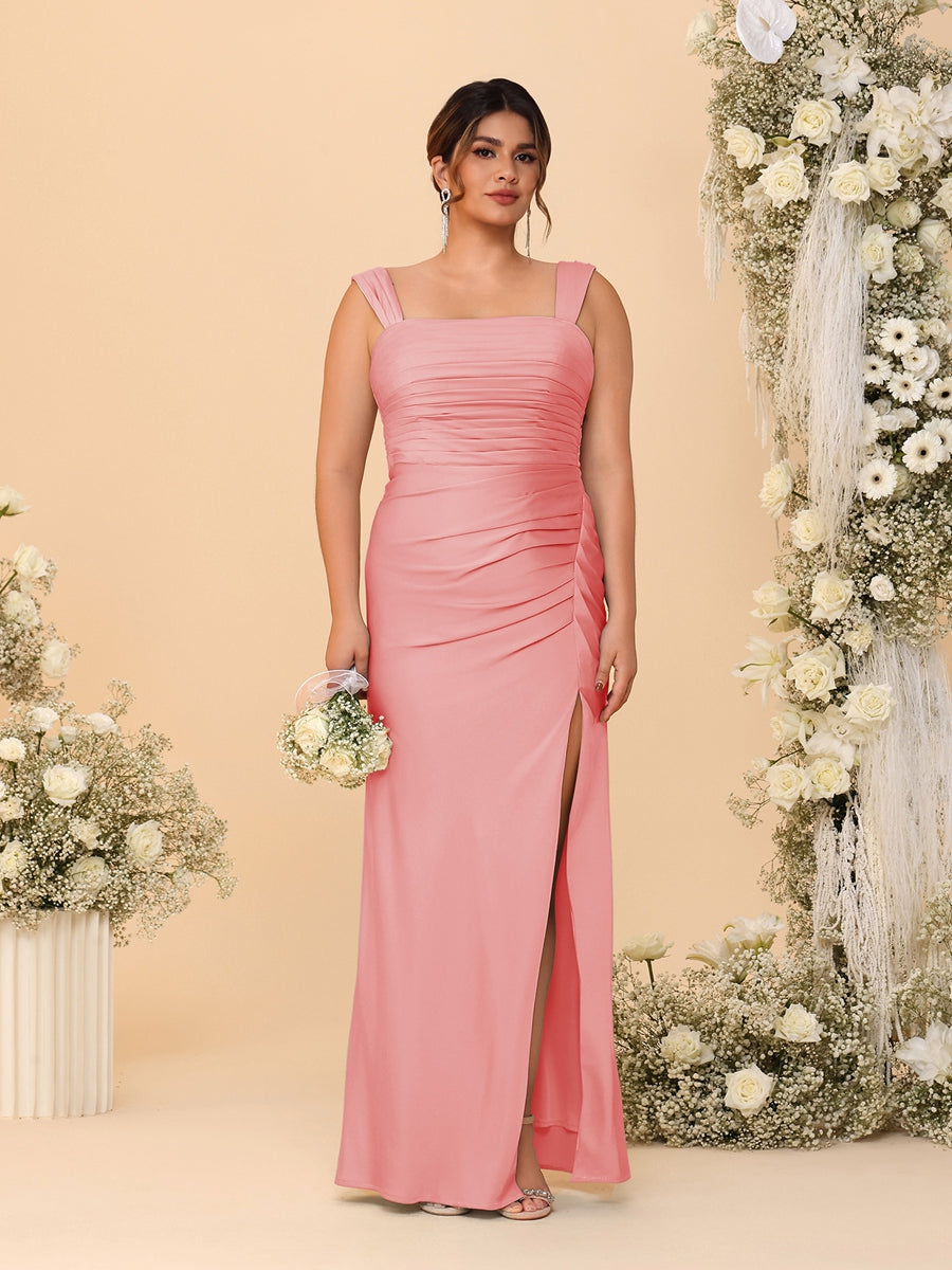 Sheath/Column Square Neck Sleeveless Floor-Length Ruched  Plus Size Bridesmaid Dresses With Side Slit