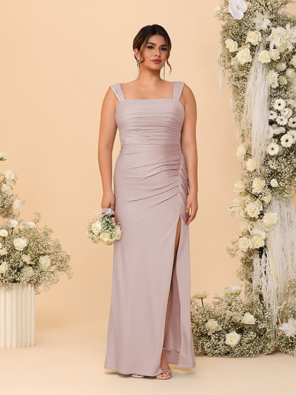 Sheath/Column Square Neck Sleeveless Floor-Length Ruched  Plus Size Bridesmaid Dresses With Side Slit