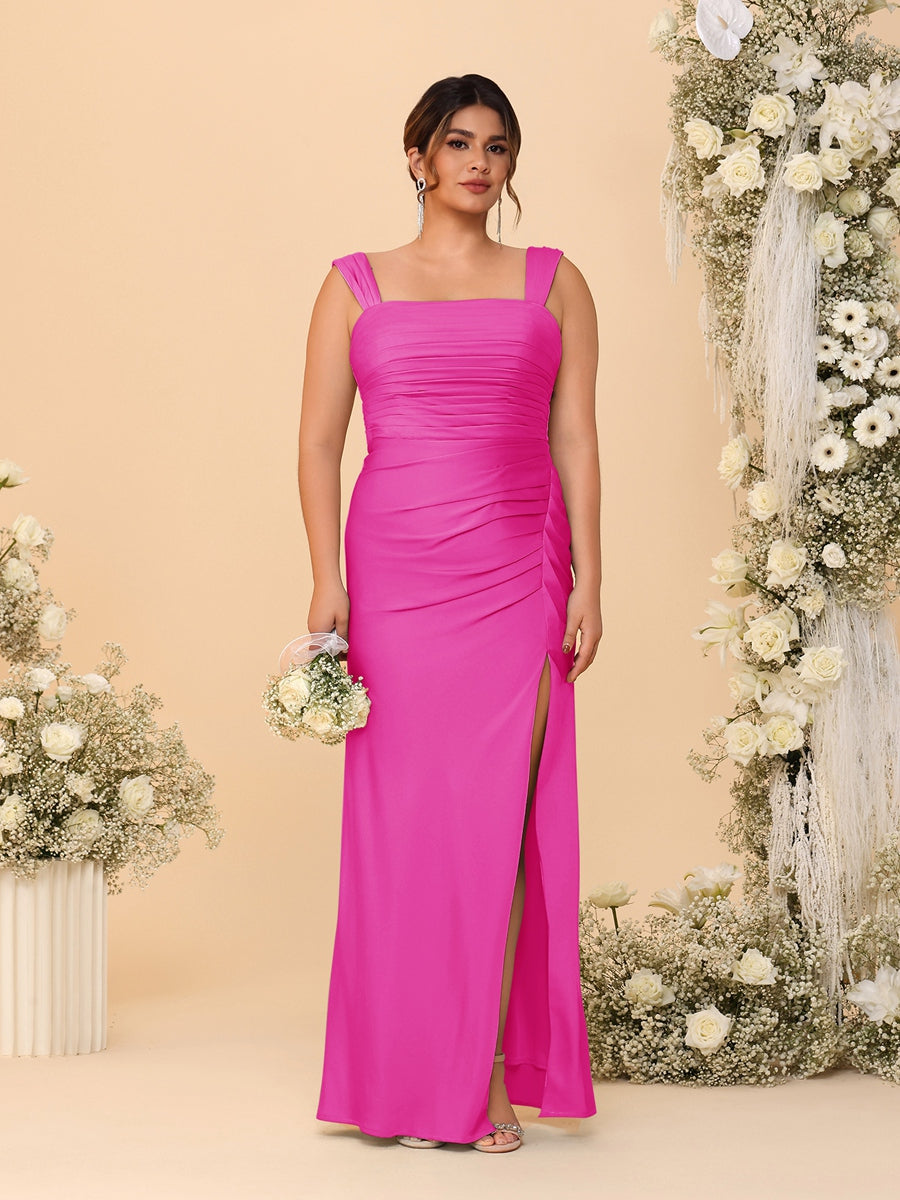Sheath/Column Square Neck Sleeveless Floor-Length Ruched  Plus Size Bridesmaid Dresses With Side Slit