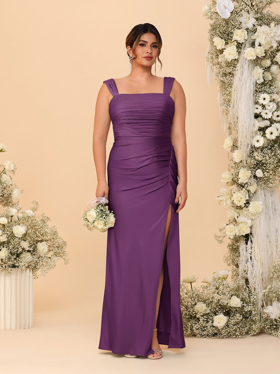 Sheath/Column Square Neck Sleeveless Floor-Length Ruched  Plus Size Bridesmaid Dresses With Side Slit