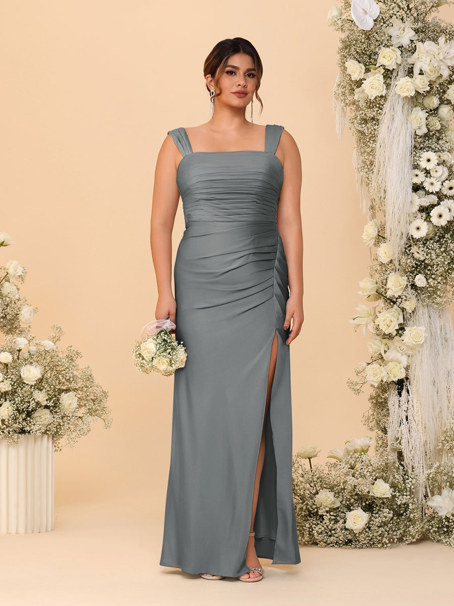 Sheath/Column Square Neck Sleeveless Floor-Length Ruched  Plus Size Bridesmaid Dresses With Side Slit