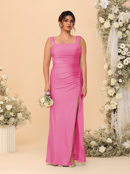 Sheath/Column Square Neck Sleeveless Floor-Length Ruched  Plus Size Bridesmaid Dresses With Side Slit