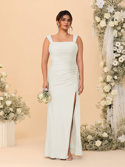 Sheath/Column Square Neck Sleeveless Floor-Length Ruched  Plus Size Bridesmaid Dresses With Side Slit