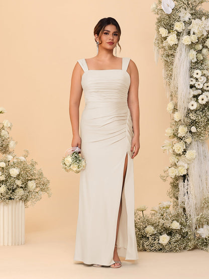 Sheath/Column Square Neck Sleeveless Floor-Length Ruched  Plus Size Bridesmaid Dresses With Side Slit