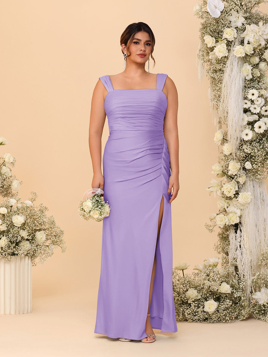 Sheath/Column Square Neck Sleeveless Floor-Length Ruched  Plus Size Bridesmaid Dresses With Side Slit