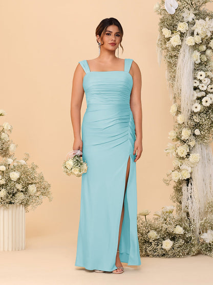 Sheath/Column Square Neck Sleeveless Floor-Length Ruched  Plus Size Bridesmaid Dresses With Side Slit