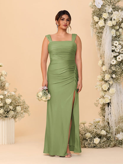 Sheath/Column Square Neck Sleeveless Floor-Length Ruched  Plus Size Bridesmaid Dresses With Side Slit