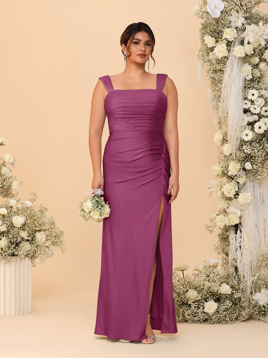 Sheath/Column Square Neck Sleeveless Floor-Length Ruched  Plus Size Bridesmaid Dresses With Side Slit