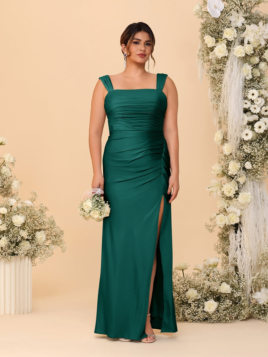 Sheath/Column Square Neck Sleeveless Floor-Length Ruched  Plus Size Bridesmaid Dresses With Side Slit