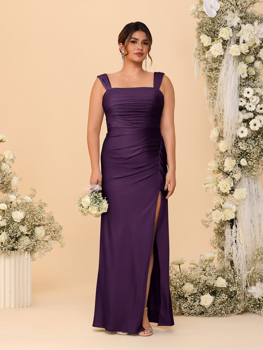 Sheath/Column Square Neck Sleeveless Floor-Length Ruched  Plus Size Bridesmaid Dresses With Side Slit