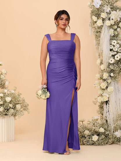 Sheath/Column Square Neck Sleeveless Floor-Length Ruched  Plus Size Bridesmaid Dresses With Side Slit
