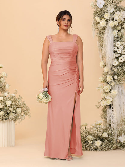Sheath/Column Square Neck Sleeveless Floor-Length Ruched  Plus Size Bridesmaid Dresses With Side Slit